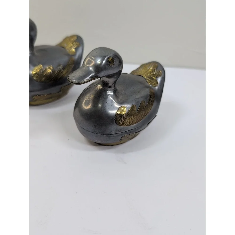 Pair of Small Chinese Metal Pewter Duck Covered‎ Dish Container